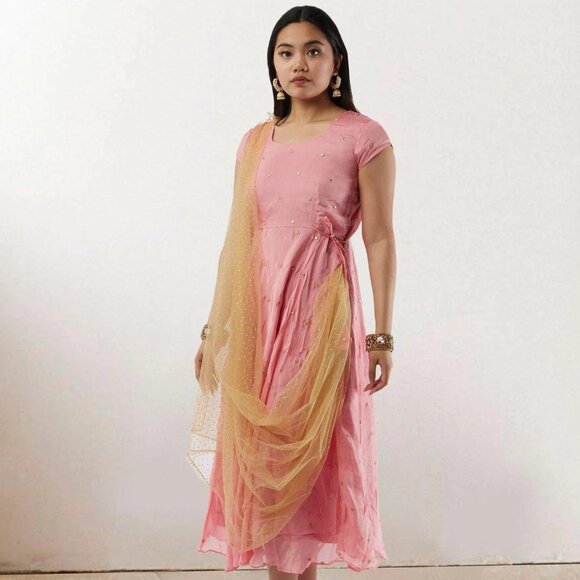 EthnoChic Pink Banarasi Georgette Dress | Muvvas Boutique - Picture 2 of 5